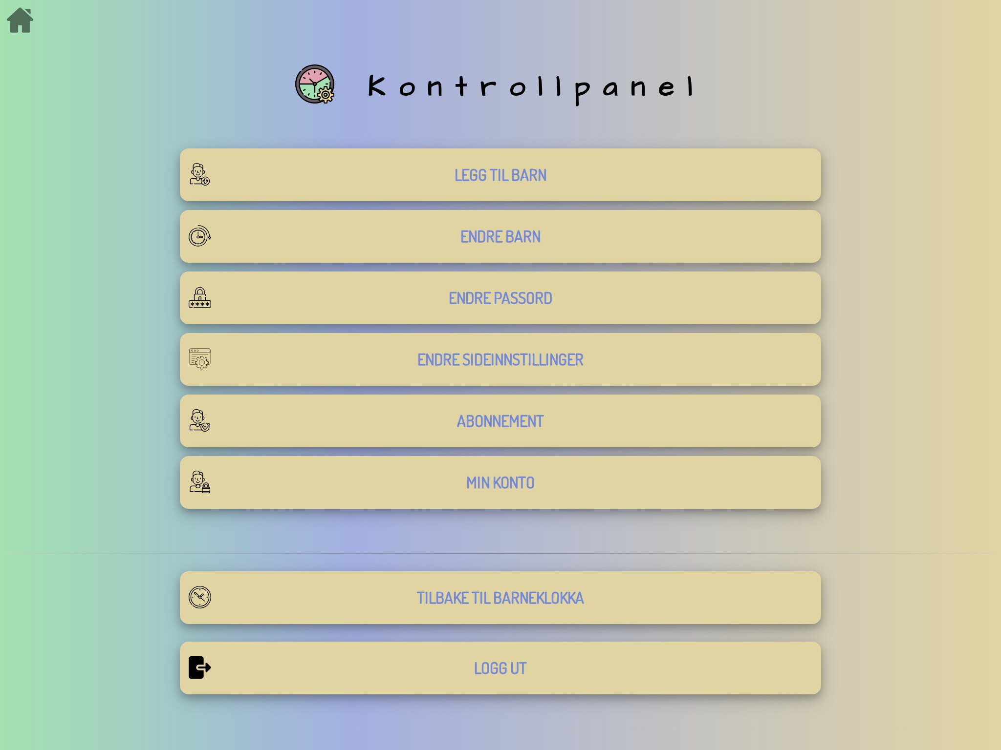Kontrollpanelet med knapper for barn, passord, sideinnstillinger, abonnement og konto